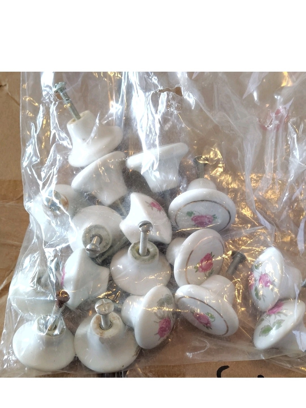 Ceramic Vintage Floral Round Cabinet Knobs, White Pink Green, Screws Included